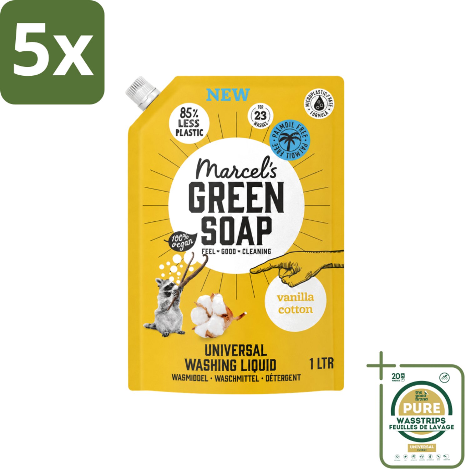 5 x Marcel's Green Soap - Vloeibaar Wasmiddel - Navulling - Vanille & Katoen - Effectief & natuurlijk - 23 Wasbeurten - 1 liter - Wasstrips - Wasmiddel - Natuurlijk Wasmiddel - Palmolievrij - Duurzaam Wasmiddel - Navul