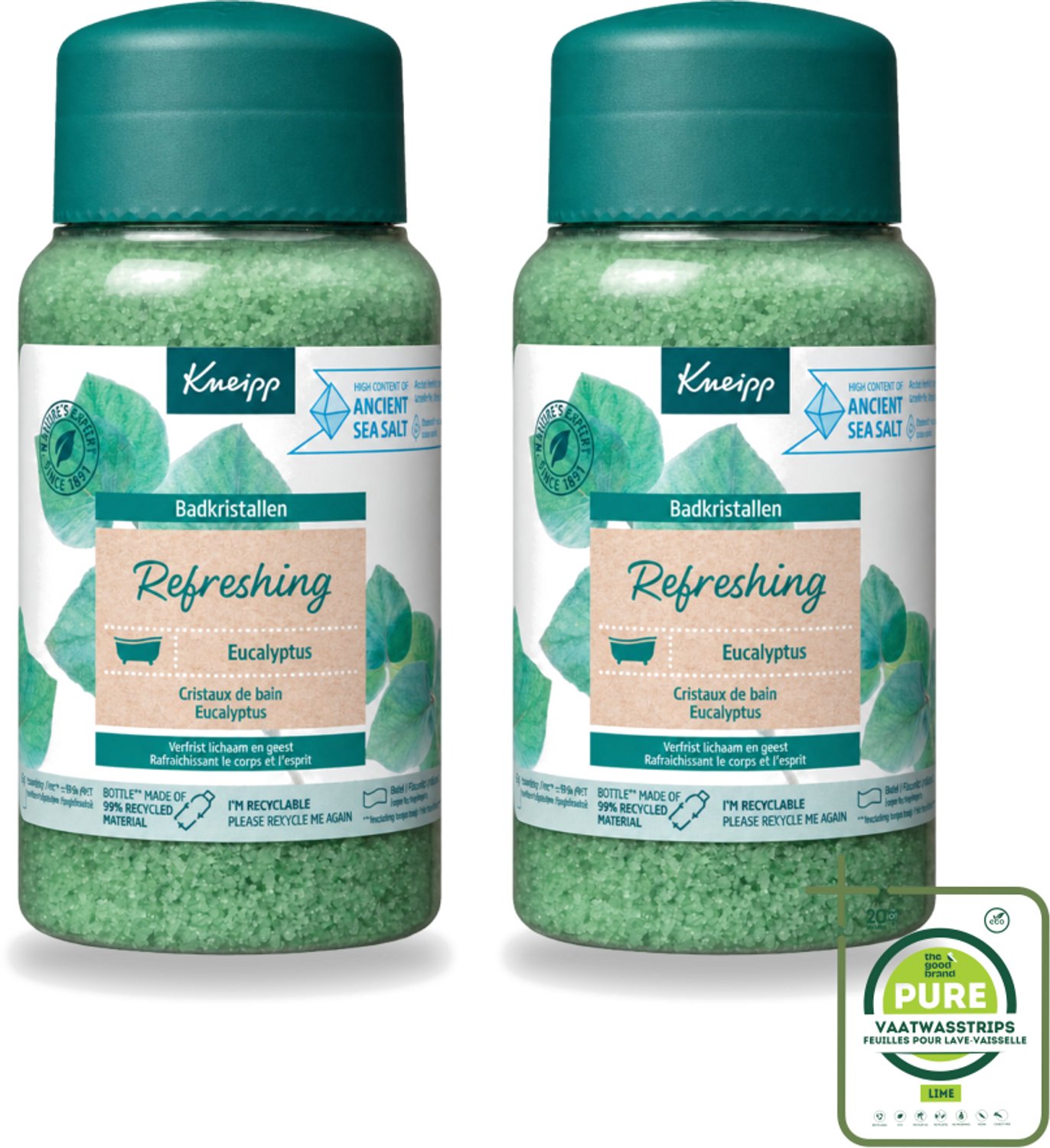 2 x Kneipp - Badzout - Badkristallen - Refreshing Eucalyptus - 600 g - Grootverpakking - Vaatwasstrips - Badzout - Badkristallen - Eucalyptus - Mint - Verkwikking