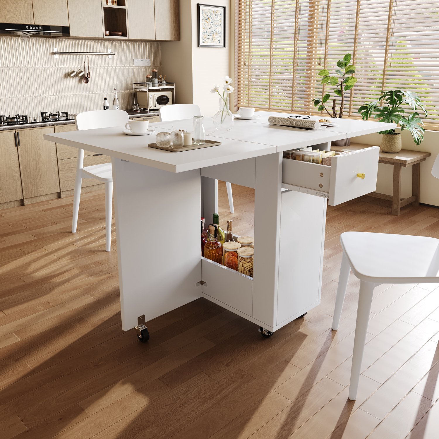 Clruro Eettafel - 120×75×75 cm - Inklapbaar - 2 Laden en Remwielen - MDF - Wit