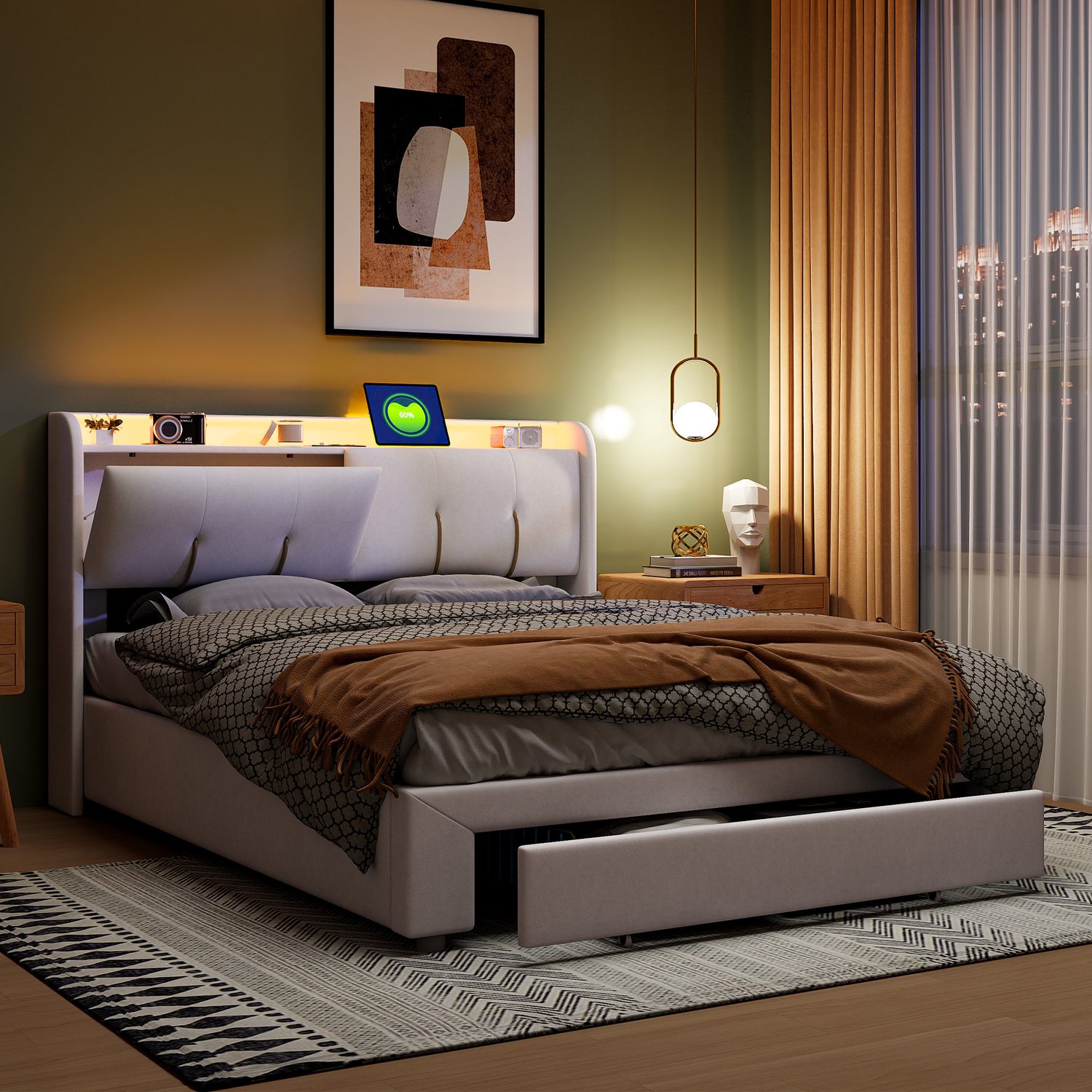 WUVRIE Tweepersoonsbed 160x200 cm - Met opbergruimte, bedlade, verlichting en USB - Beige/wit