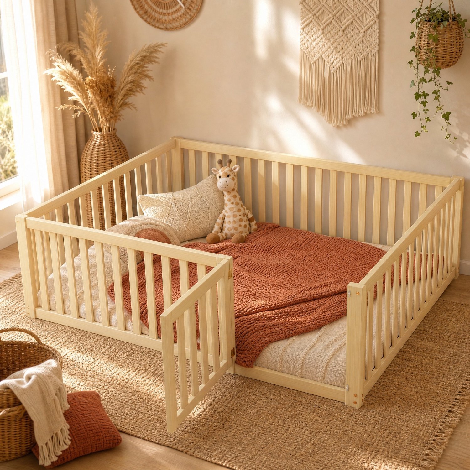 WUVRIE Kinderbed 140x200 cm - Laag bedframe met omheining en deurtje - Naturel