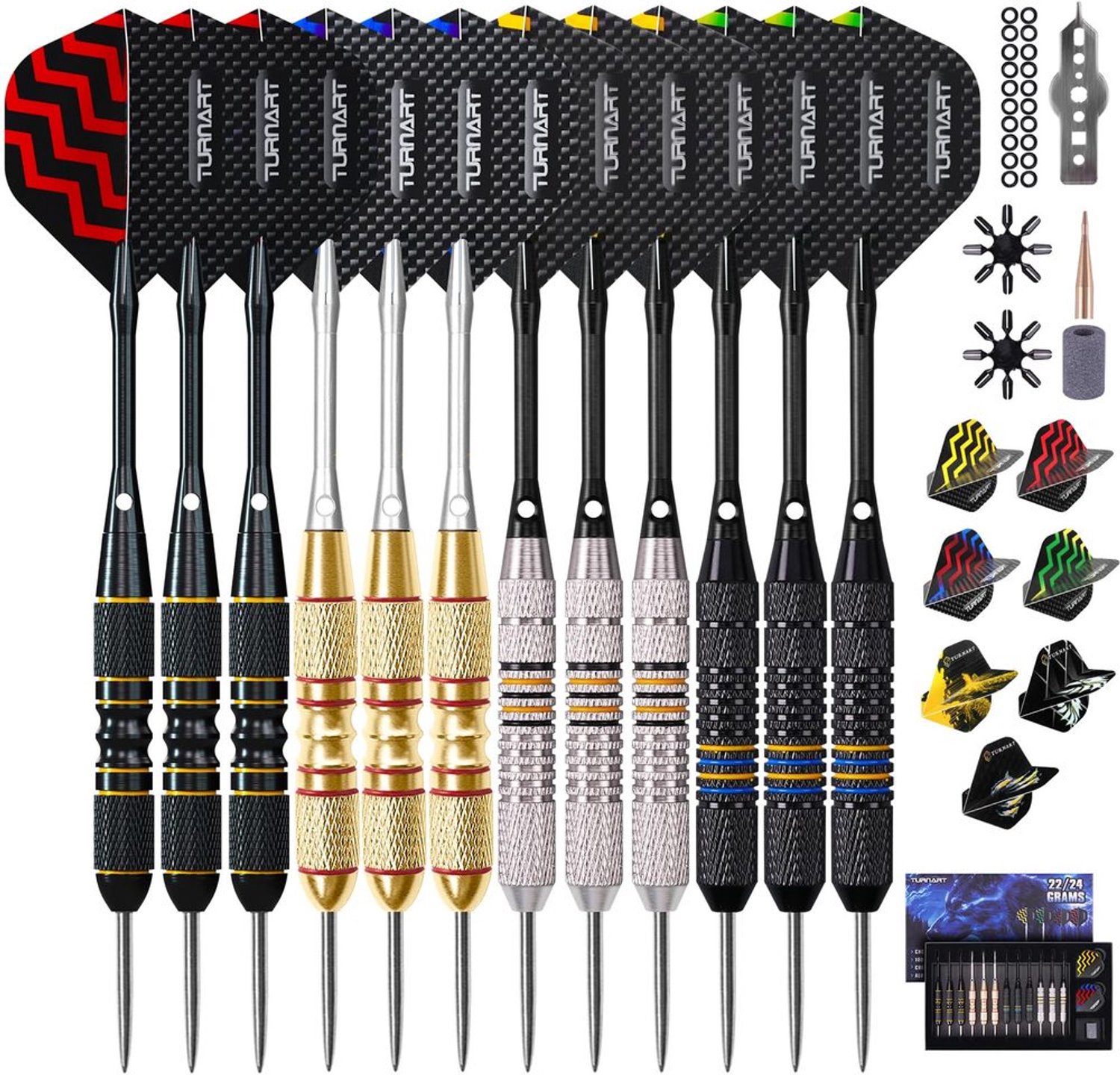 Dartpijlen Set van 9 Stuks met 24g Stalen Punten en 18 Aluminium Schachten - Inclusief Cadeau Doos