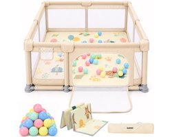 Lunoo Grondbox Speelbox Inklapbaar 150x180 cm - Opvouwbare Kinderbox - Playpen - Baby Box met Speelmat en 50 Speelballen - Draagtas Inbegrepen