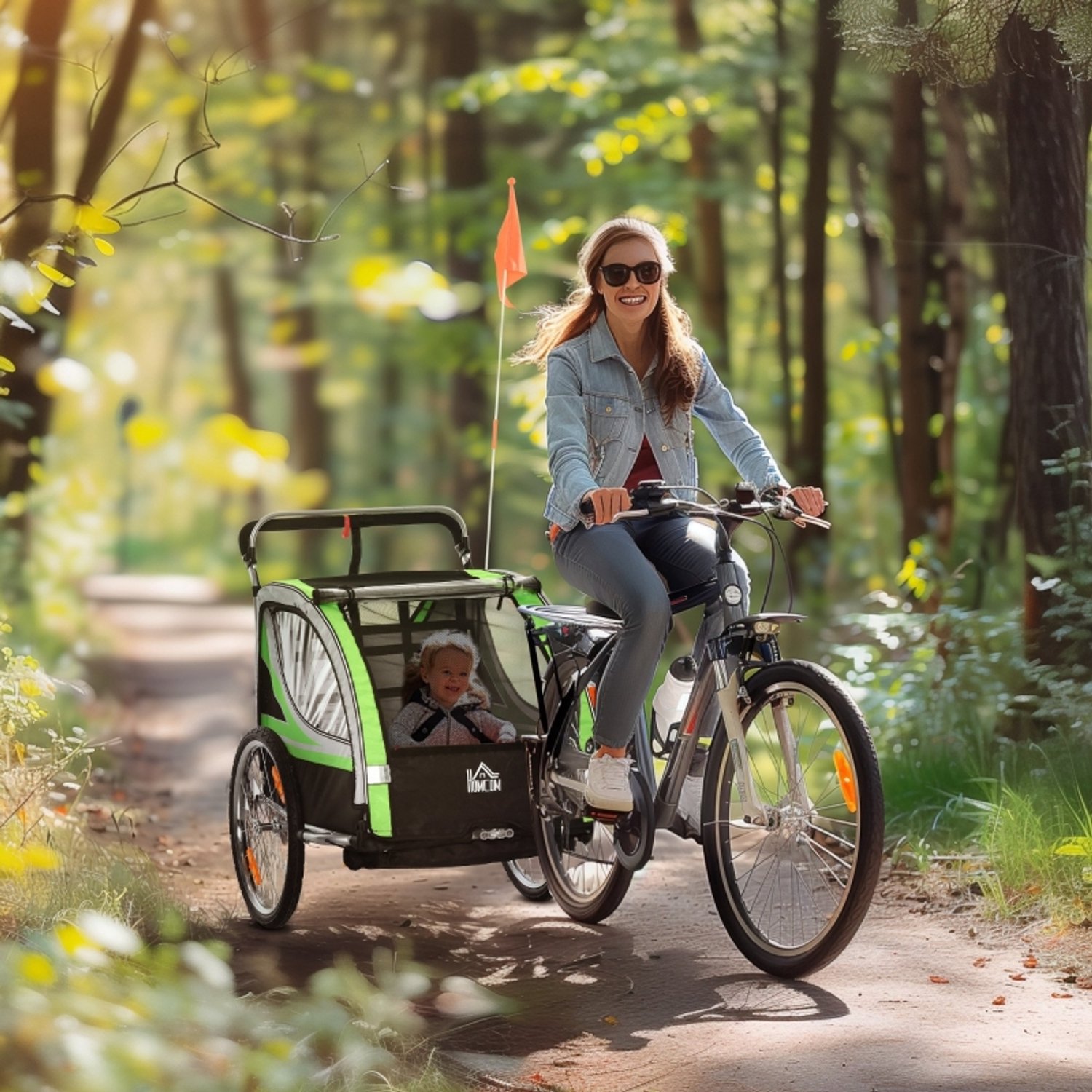 Kinderfietskar Omvormbaar – 142 x 75 x 101 cm – Metaal en Polyester – Groen – Voor 2 Kinderen – Met Duwfunctie, Regenhoes en Remmen