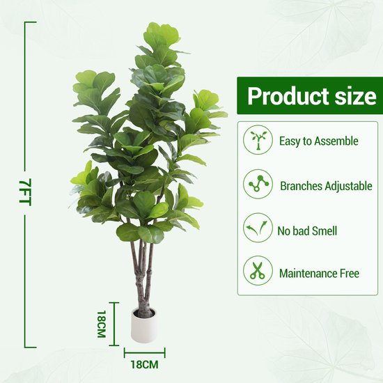 Kunstmatige Fiddle Leaf Fig Boom 213 cm – 7 ft – Meerstammig – Met Witte Pot & Sierkiezels – Realistische Zijden Bladeren – Onderhoudsvrij – Voor Woonkamer, Kantoor, Hal & Entree