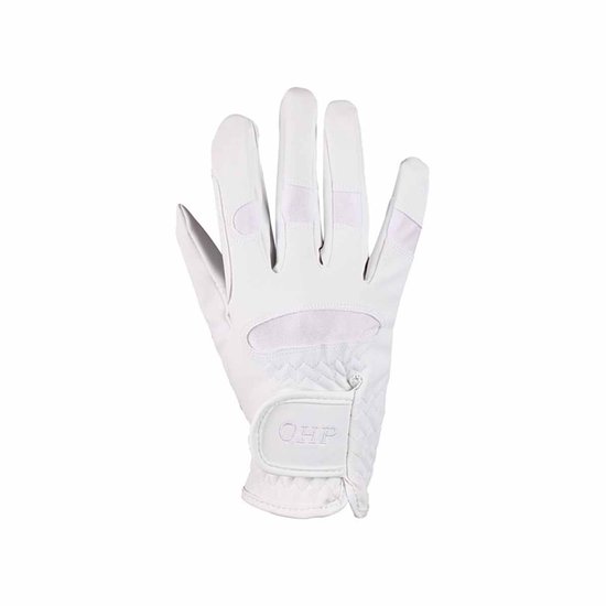 Een witte QHP rijhandschoen met stiksels, mesh-inzetstukken en een verstelbare polsband met QHP-logo.