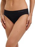 Zwarte naadloze sportonderbroek voor dames met FALKE-logo op de tailleband, vooraanzicht.