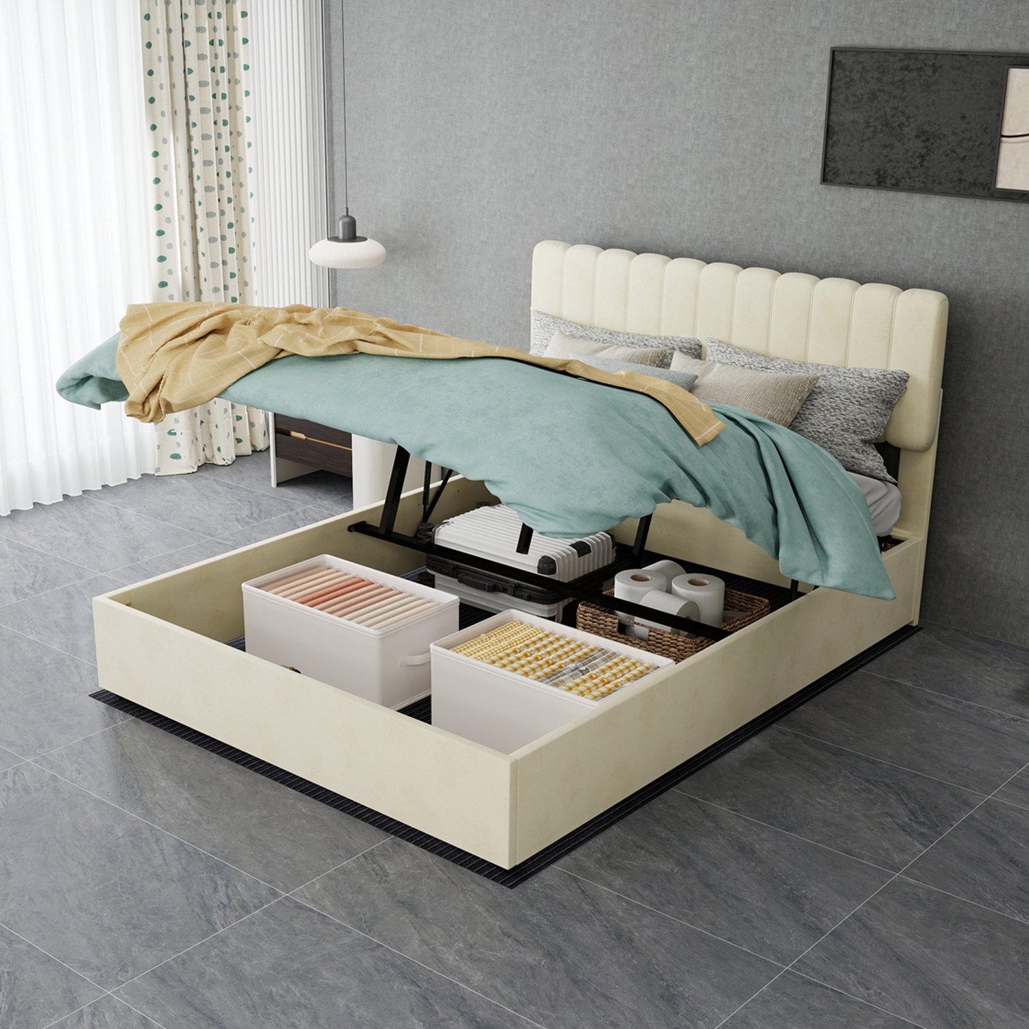WUVRIE Gestoffeerd bed 140x200 cm - Met opbergruimte en matras - Beige