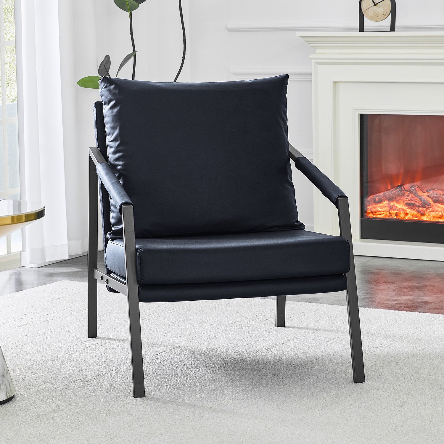 Wishdor Fauteuil - Kunstleer met zachte kussens - Metalen frame en armleuningen - Tot 200 kg belastbaar - Industrieel en minimalistisch - Woonkamer slaapkamer kantoor - Zwart - 67 x 67 x 80 cm