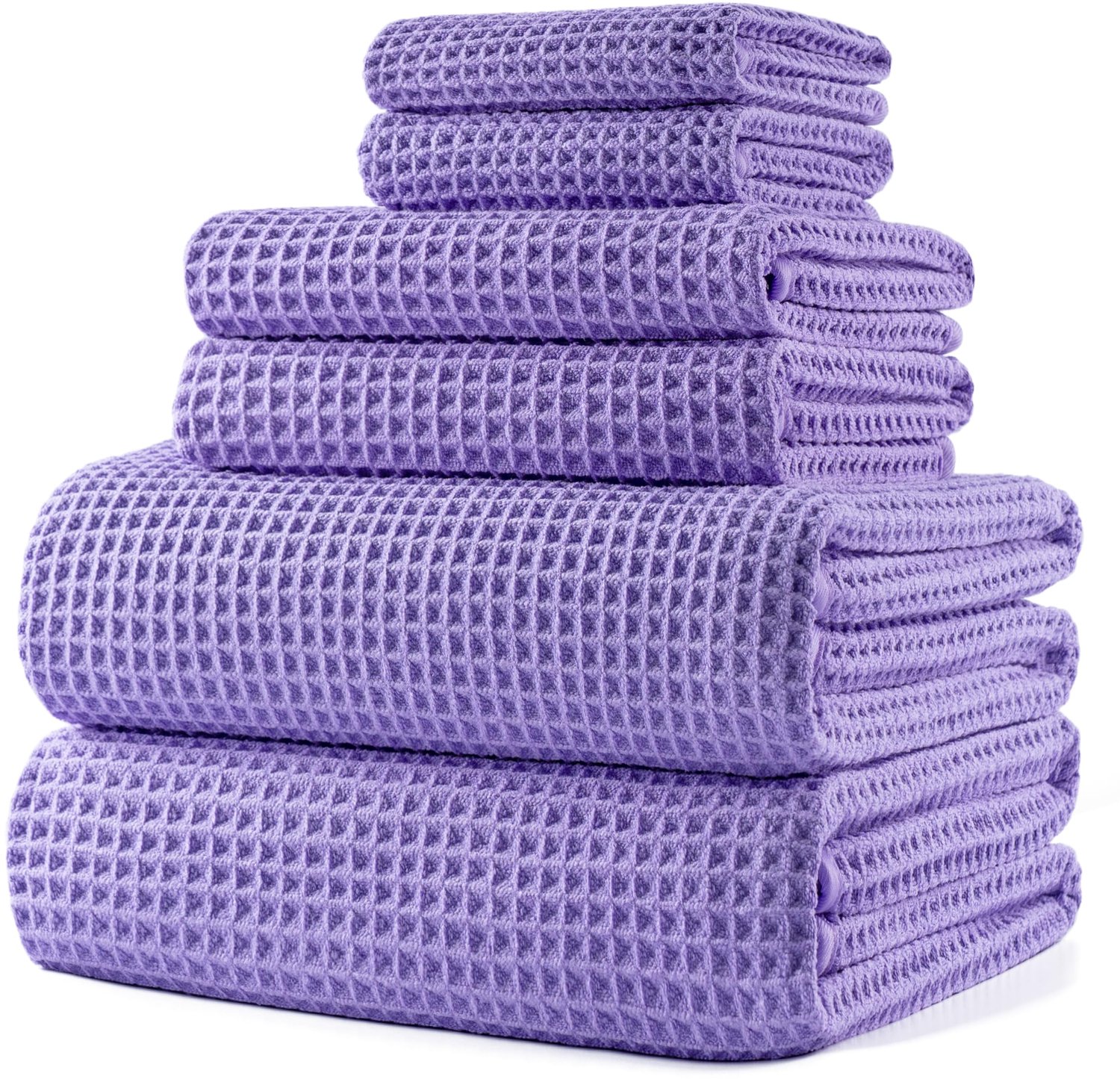 Microvezel Badhanddoekenset Oversize 76x152cm - 6 Stuks - Sneldrogend Pluisvrij (Paars, Wafelstof)