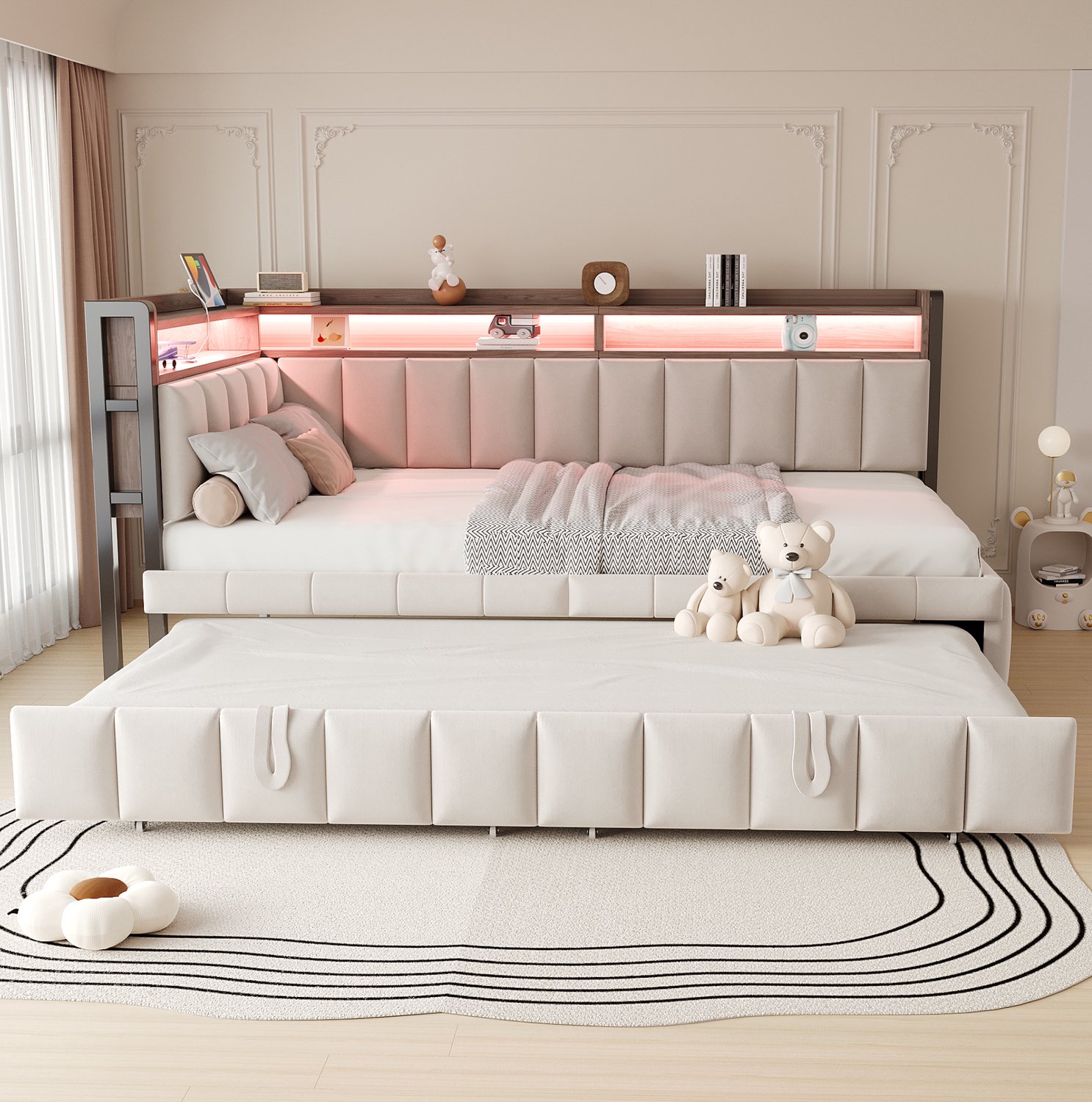 Wishdor Slaapbank 90x200 cm - Uitschuifbaar extra bed - Verstelbare LED-verlichting - Opbergruimte in hoofd- en rugleuning - USB- en Type-C-aansluiting - Beige fluweel - Woonkamer en logeerkamer