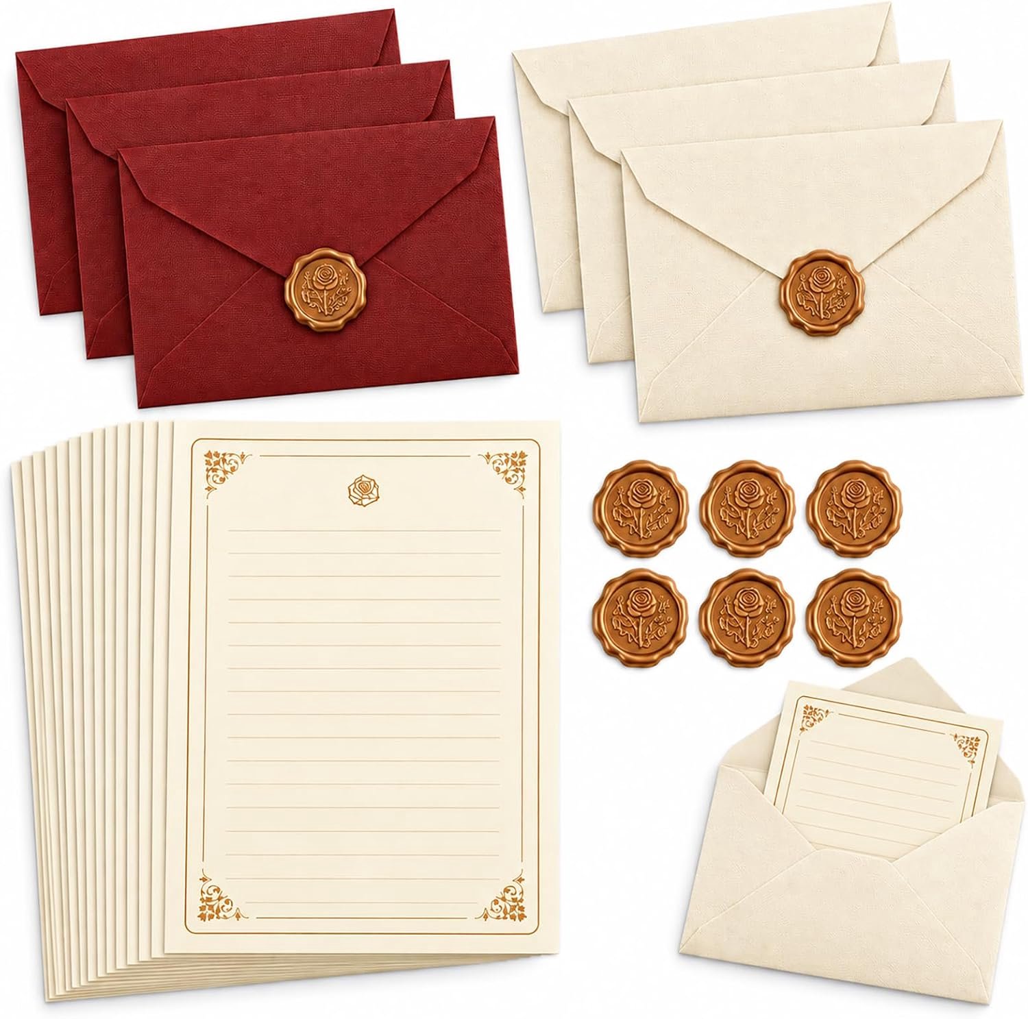 Briefpapier 26 stuks - vintage met lijnen - goudkleurige enveloppen - voor liefdesbrieven en uitnodigingen - m-winkel