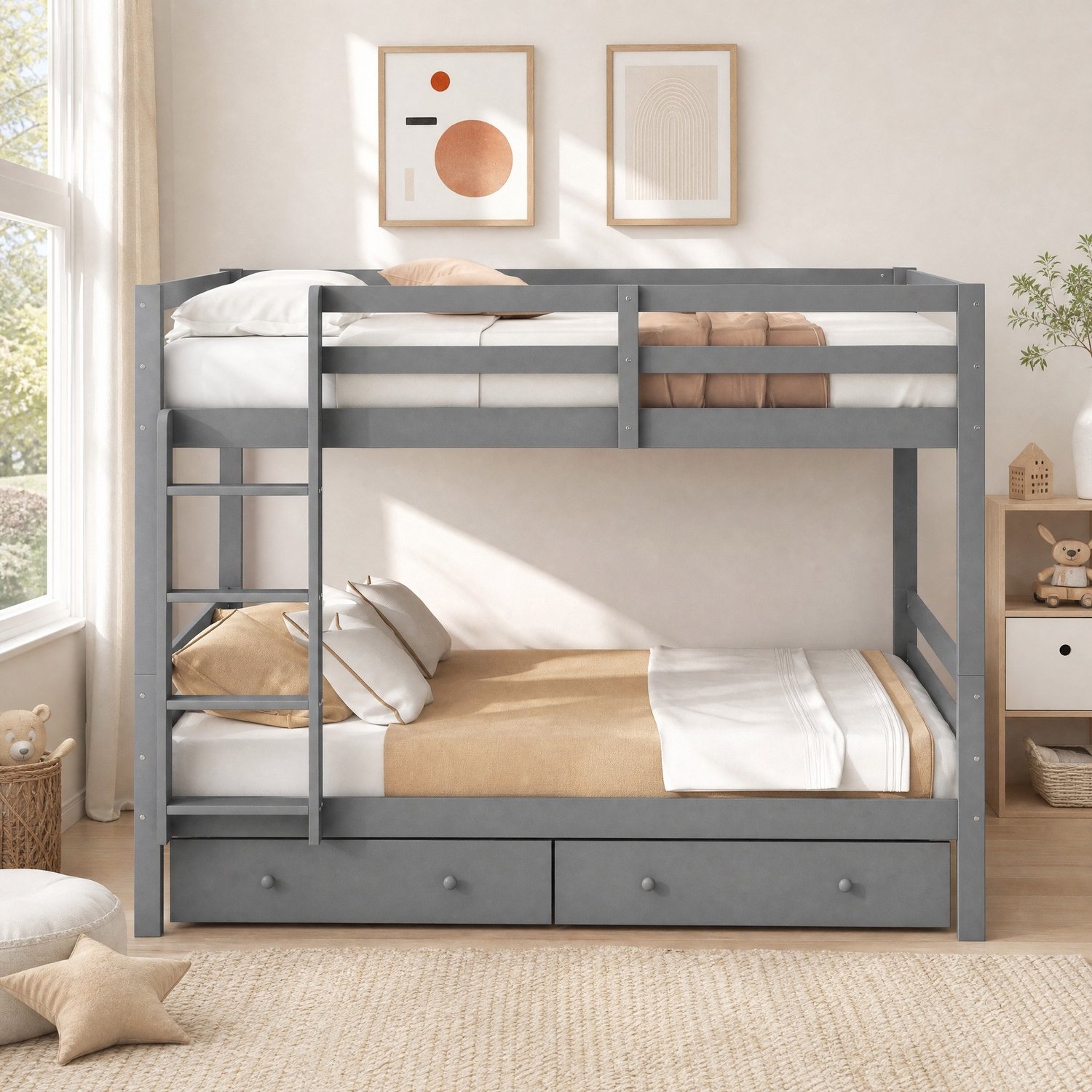 WUVRIE Stapelbed 140x200 cm - Met bedlades, trap en uitvalbeveiliging - Grijs