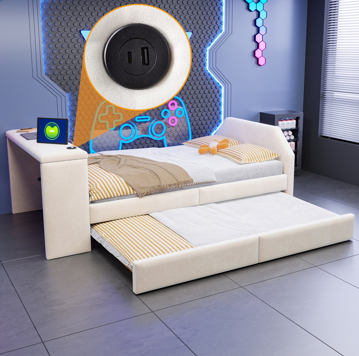Wishdor Kinderbed 90x200 cm - Met geïntegreerd bureau en USB-aansluiting - Uitschuifbaar logeerbed voor gasten - Gestoffeerd met fluweelachtige stof - Beige - Voor kinderkamer, tienerkamer en logeerkamer