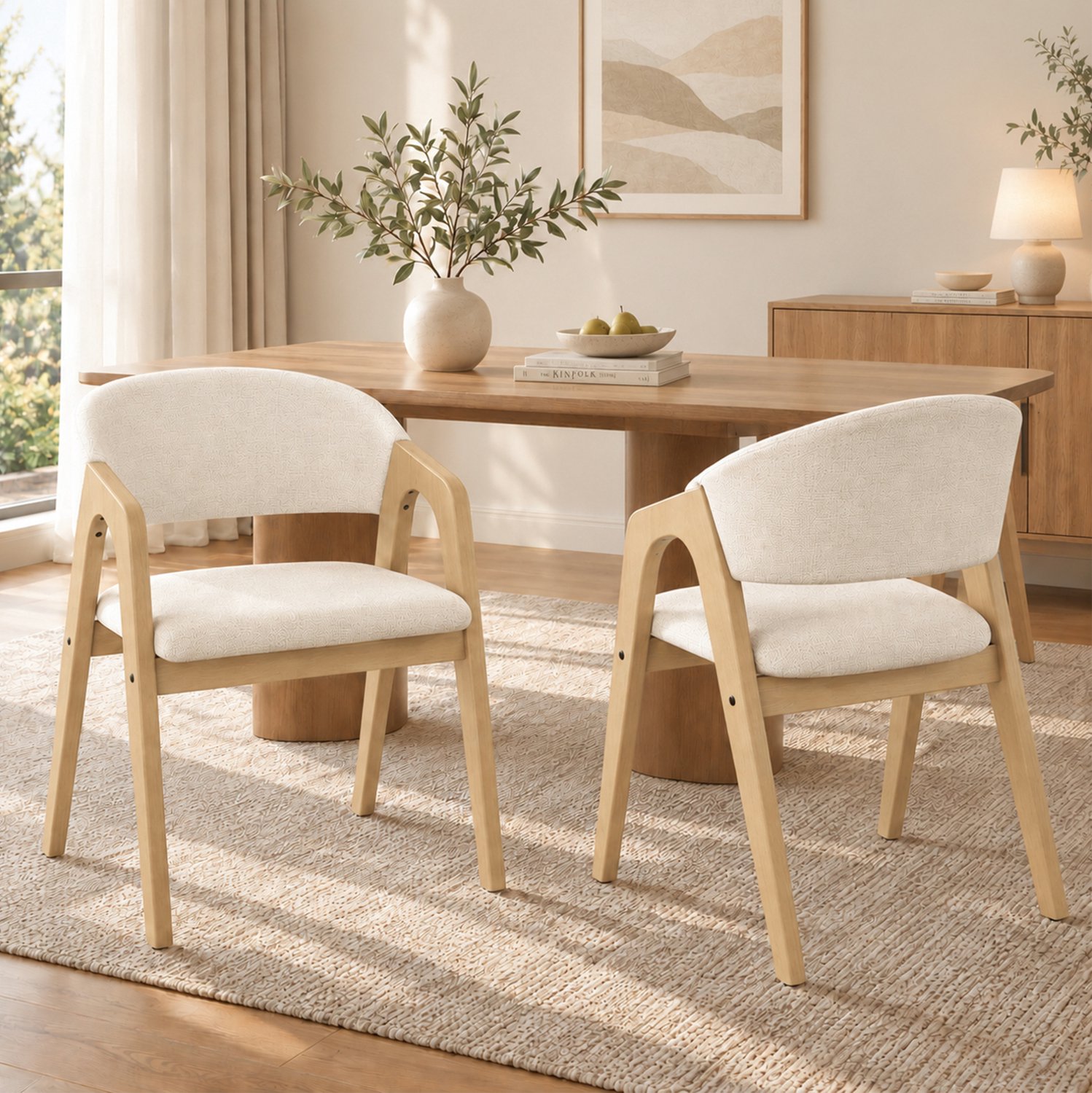 CHICFURN Eetkamerstoelen set van 2 - Met armleuningen - Houten frame - Beige
