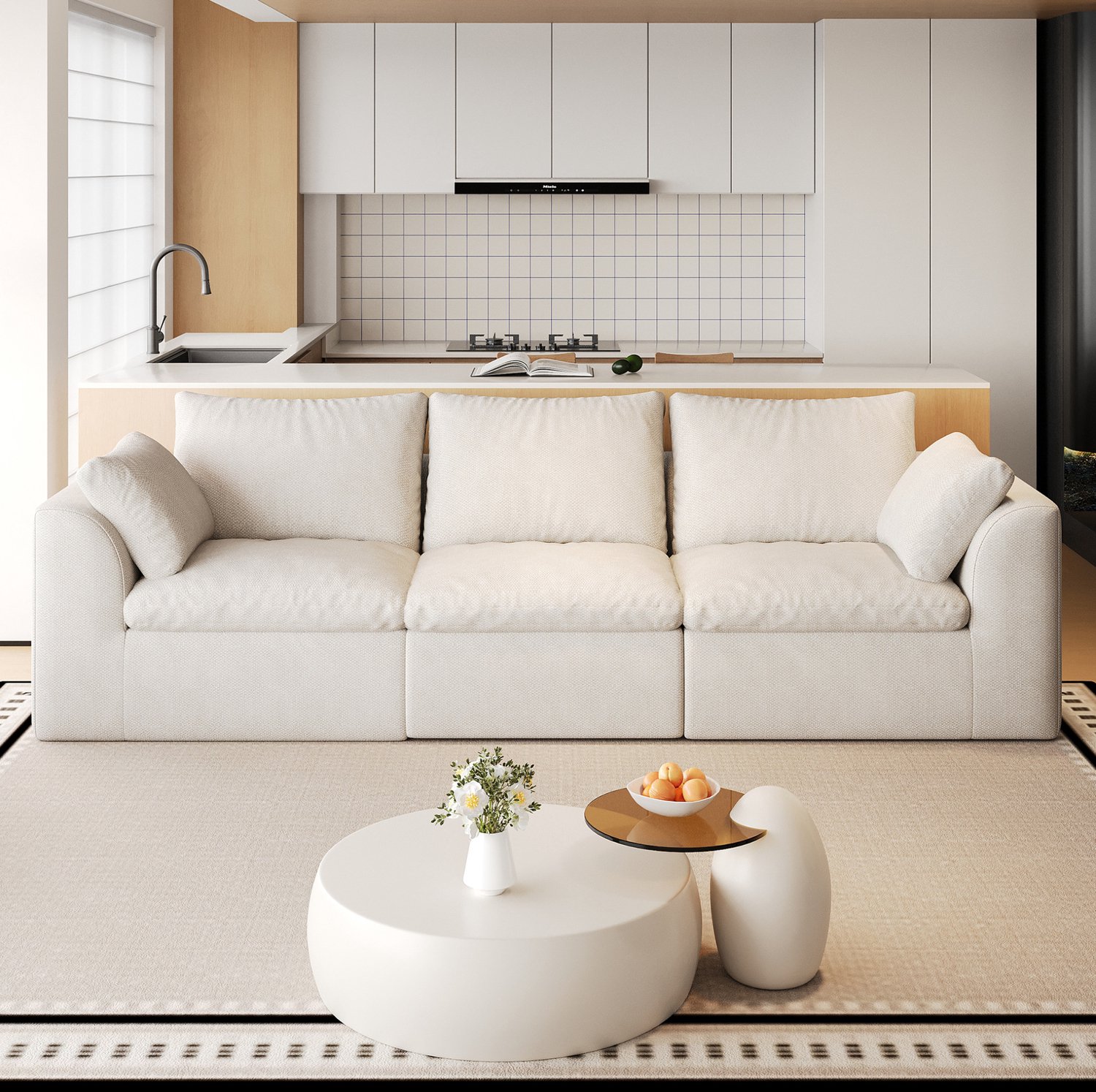 MIVRAY Zitbank 245 x 90 x 83 cm - Rechte Driezitsbank met Zachte Schuimvulling - Voor de Woonkamer en Zitkamer - Linnen - Beige en Wit Beige wit