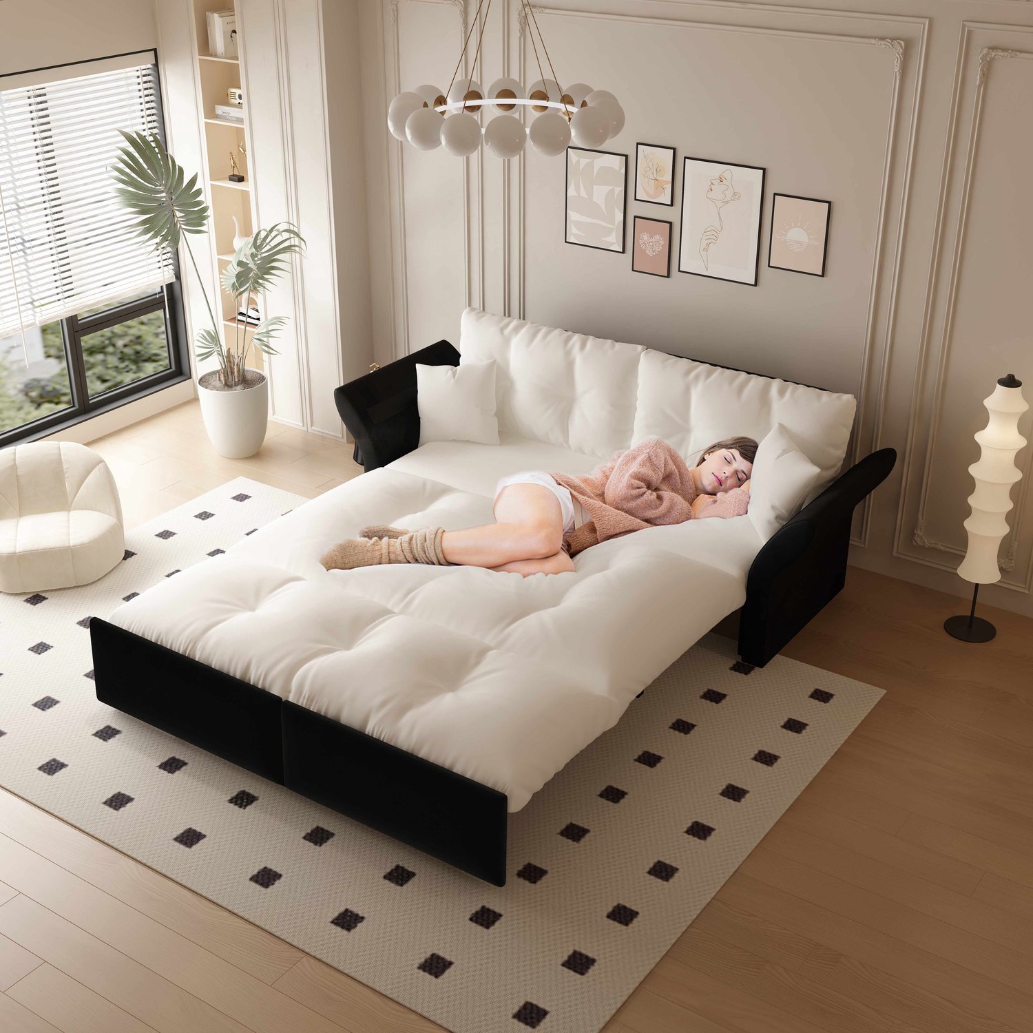 VVBV 3-in-1 Slaapbank 190 cm - Uittrekbare Tweezitsbank met Chaise Longue en Bedfunctie - Fluweel Beige met 2 Kussens