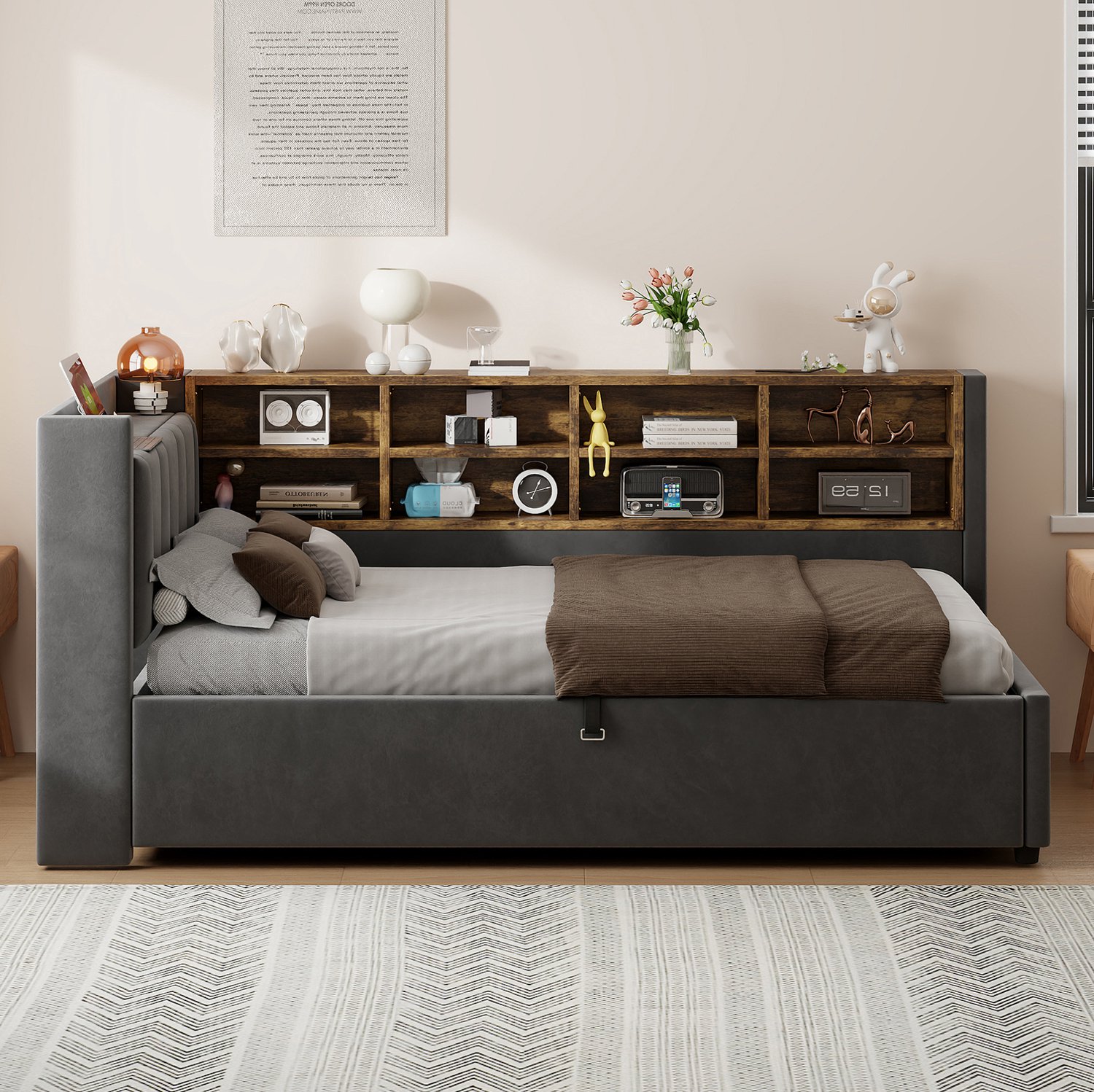 OKWISH Gestoffeerd Eenpersoonsbed 90x200 cm - Slaapbank met Hydraulische Opbergruimte - Nachtlampje en Oplaadpunten - Fluweel - Donkergrijs - Zonder Matras