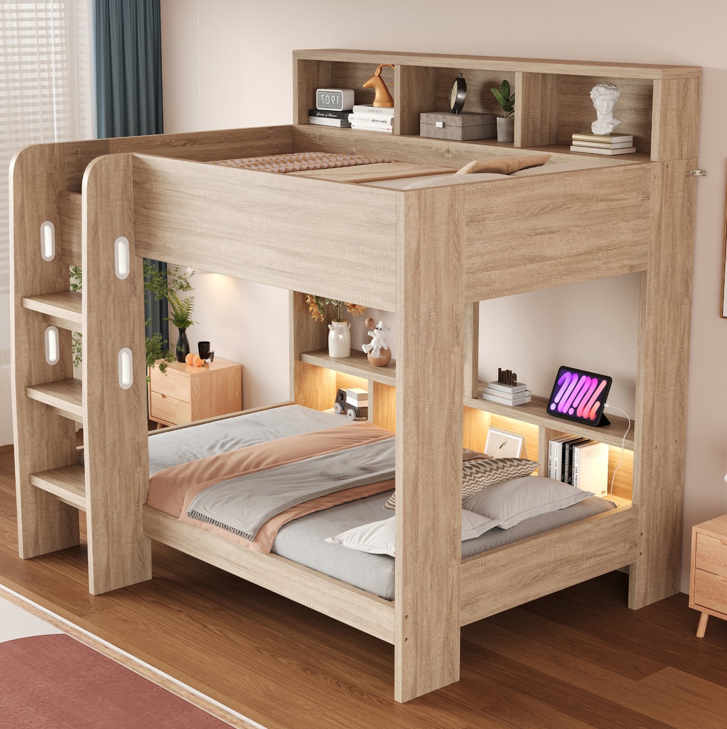 Wishdor Stapelbed 90x200 cm - Twee slaapplaatsen boven elkaar - Opbergruimte op beide niveaus en veiligheidshek - Brede ladder met handgrepen - LED-verlichting en stopcontacten - MDF en multiplex - Naturel hout