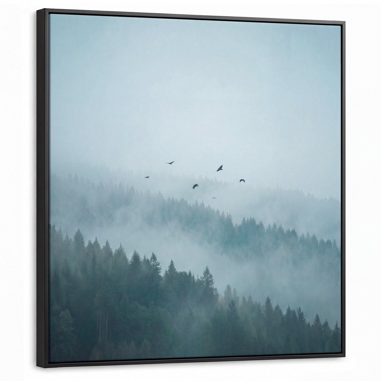 Canvas Schilderij met Baklijst - Bos - Mist - Vogels - Natuur - Groen