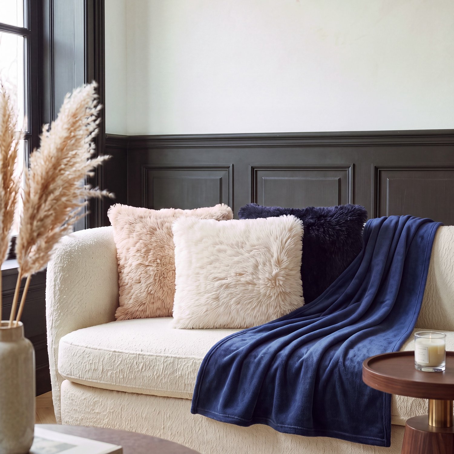 Dutch Decor Kussenset - Fluffy sierkussens inclusief binnenkussens - Beige Donkerblauw Offwhite