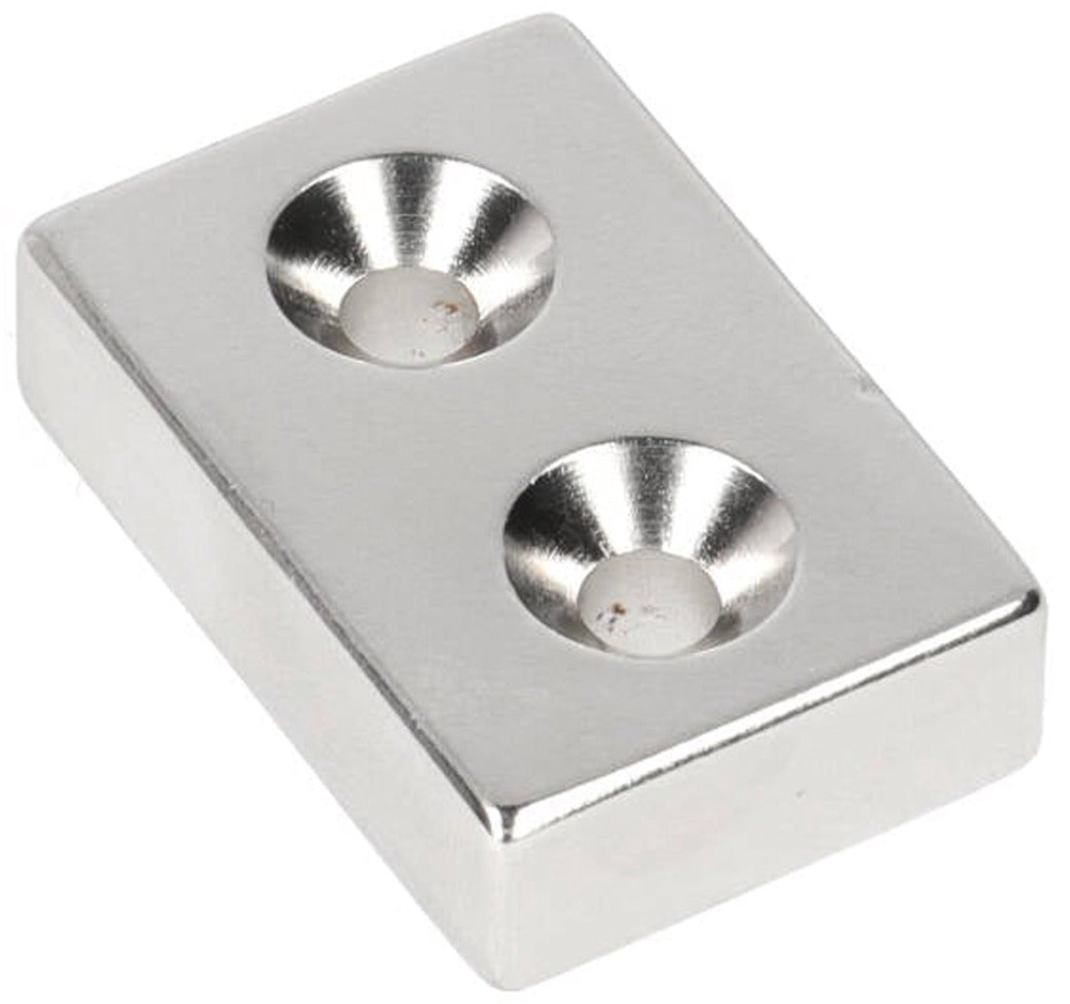 Neodymium Blokmagneet met 2x boor-/verzinkgat 30 x 20 x 8 mm N48 NiCuNi Zuid Pool – 2 stuks