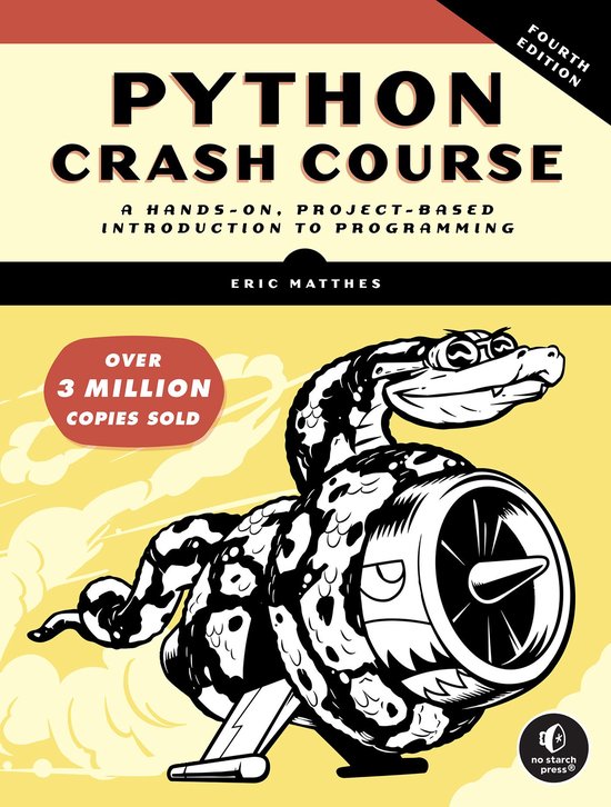 Boekomslag Python Crash Course, 4e editie, met een illustratie van een slang op een straalmotor op een gele achtergrond.