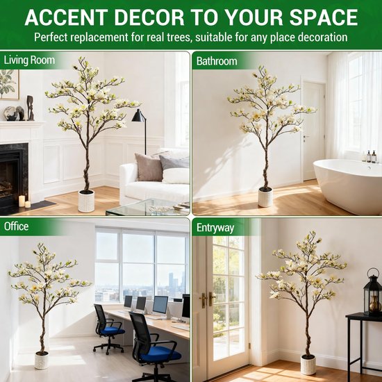 Kunstmatige Magnoliaboom 180 cm – 6 ft – Met Witte Pot & Realistische Witte Bloemen – Weerbestendig & UV-bestendig – Inclusief Bloempot – Onderhoudsvrij – Voor Woonkamer, Kantoor & Terras
