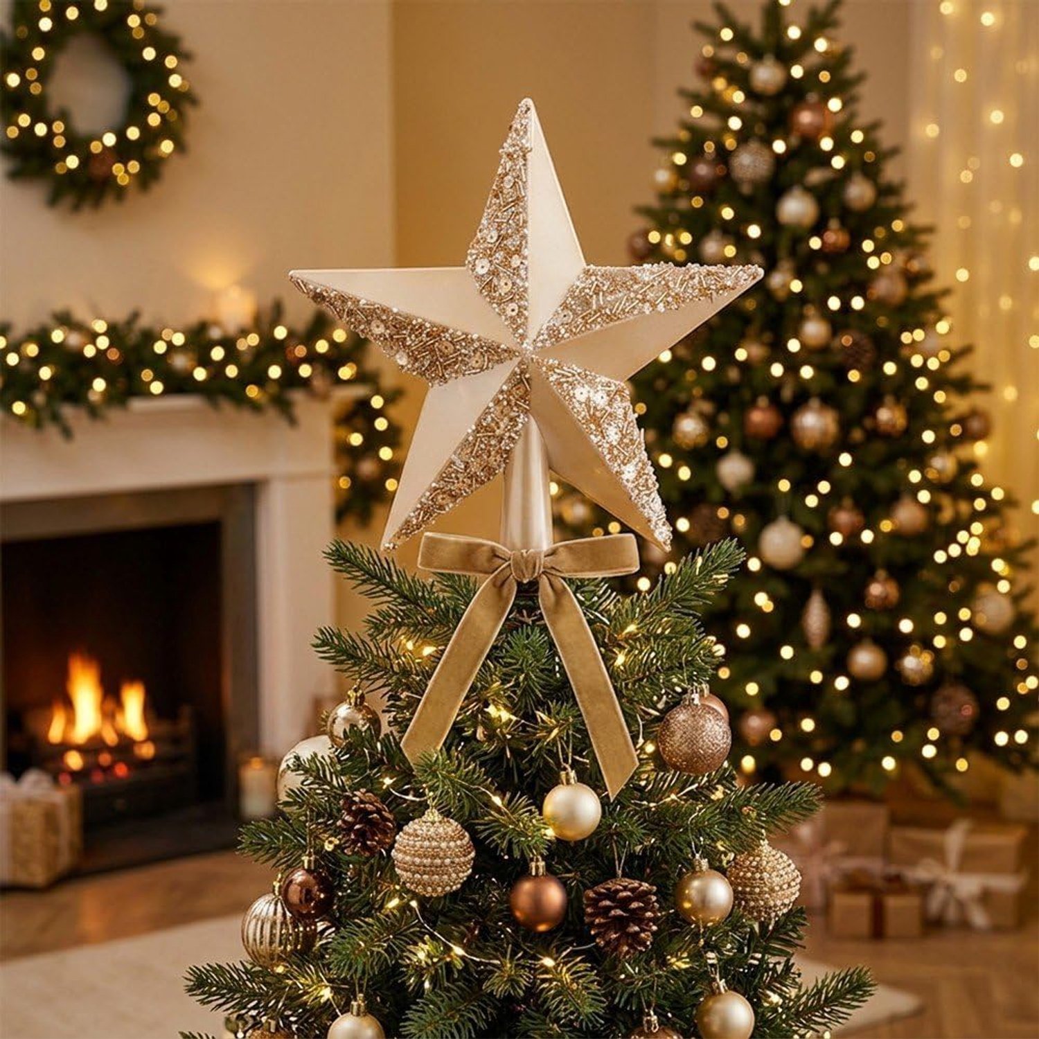 Kerstboomtopversiering in de vorm van een ster - Kerstdecoratie - Kerstboomtop - Voeg een prachtig accent toe aan kerstfeesten en winterse bijeenkomsten met de familie - Champagnekleur – foto 3
