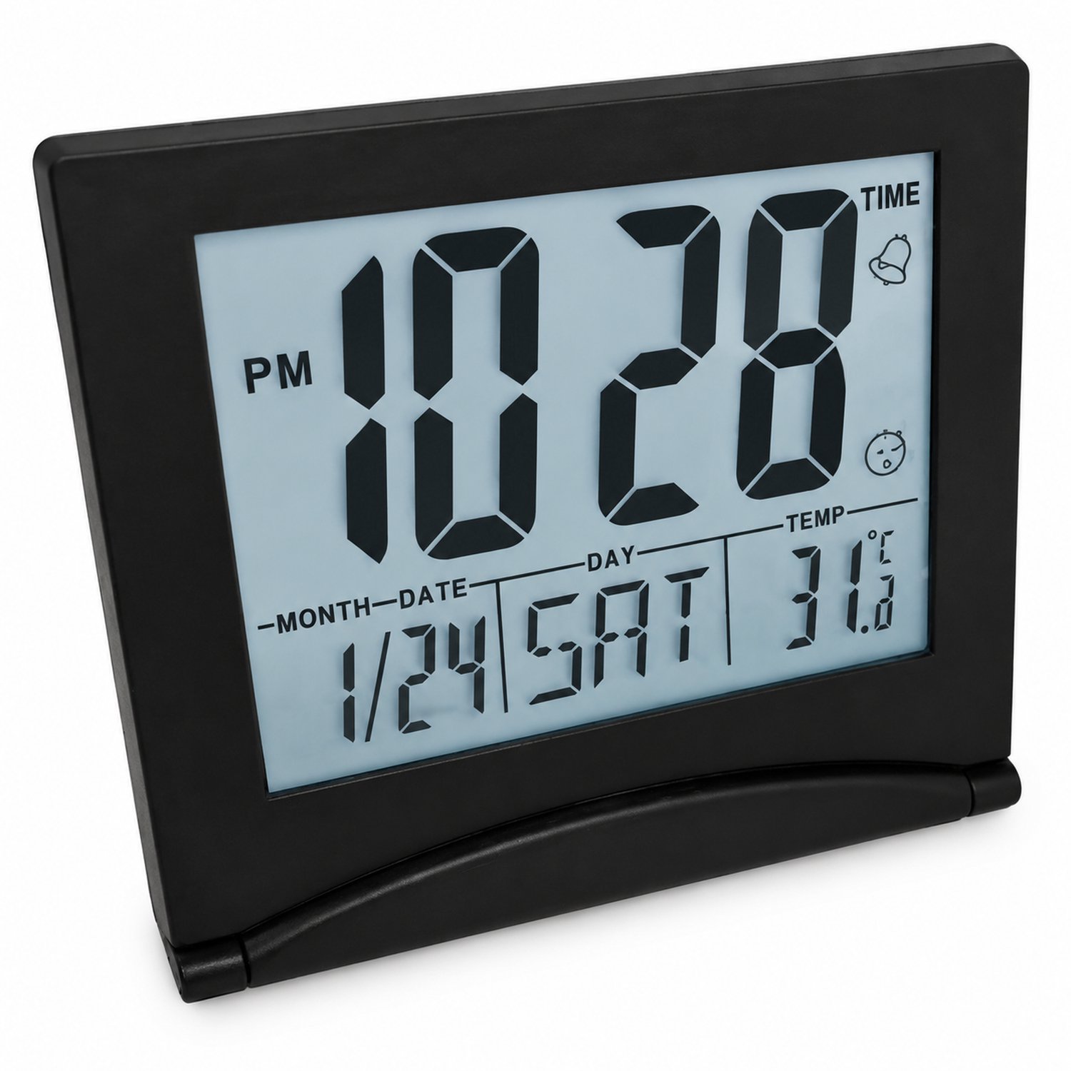 wekker - Inklapbaar met LCD en witte verlichting - Kalender en temperatuurweergave - Werkt op batterijen - Zwart