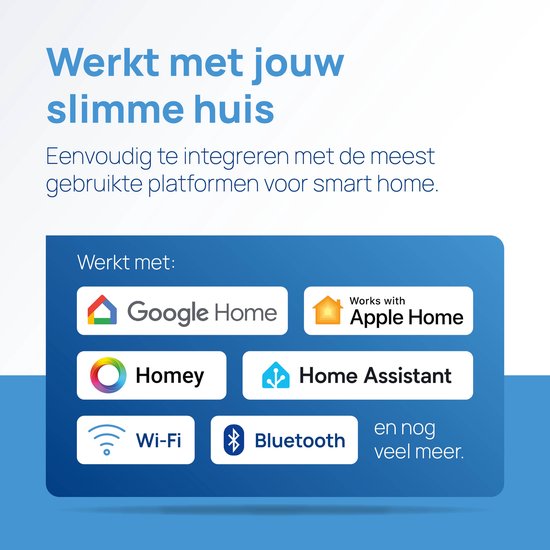 Shelly integreert met Google Home, Apple Home, Homey, Home Assistant, Wi-Fi en Bluetooth.