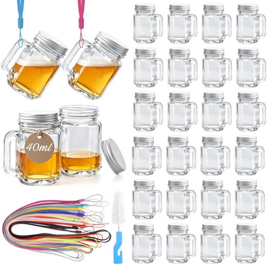 28 mini-glazen met handvat, gekleurde koordjes, zilveren deksels, labels en een reinigingsborstel.