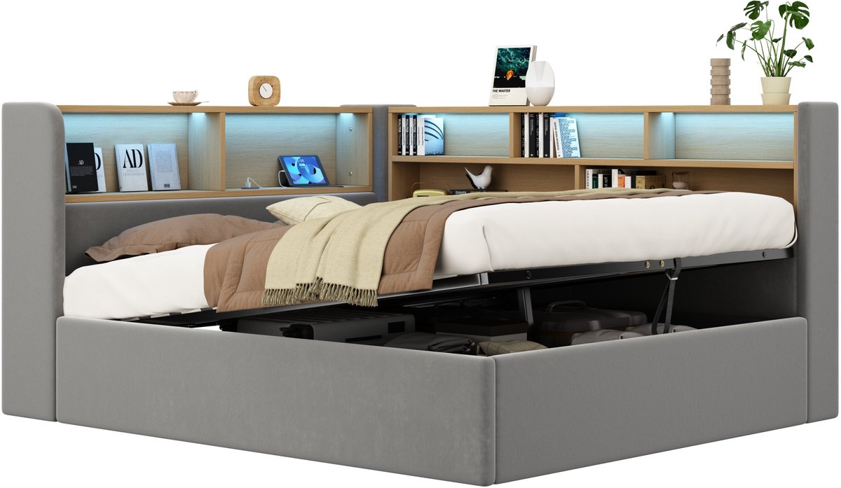DESMIU Bedbank 140x190 cm - Hydraulische Opbergruimte met LED, USB en Type-C - Lattenbodem - Fluwelen Dagbed voor Slaapkamer - Grijs - Zonder Matras