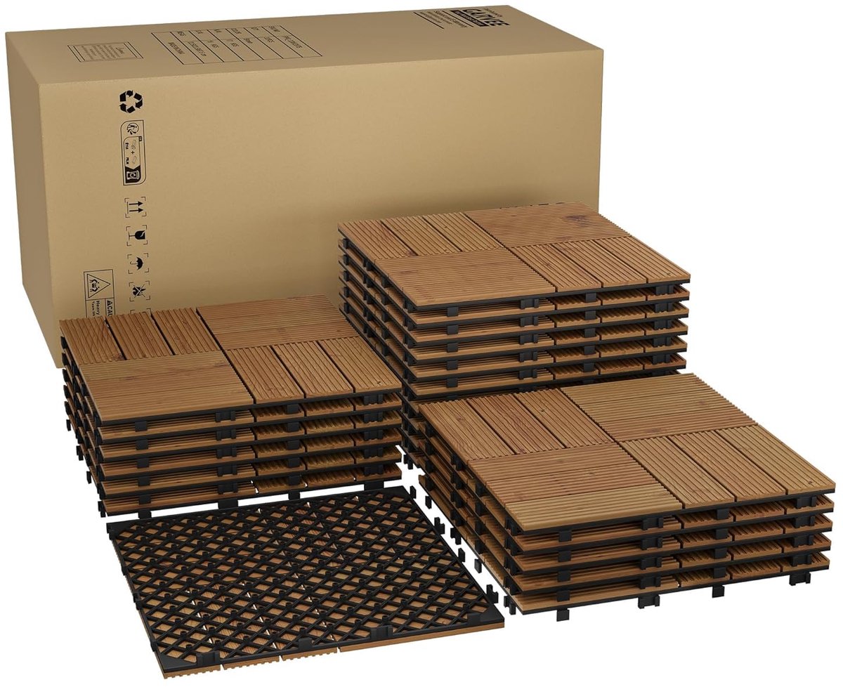 22 stuks acaciahouten terrastegels,30*30 cm,massief houten in elkaar grijpende vloerdelen voor terras en balkon, weerbestendige waterdichte binnentegels,bruin
