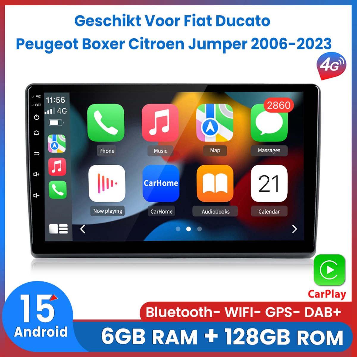 Awesafe Autoradio 6GB+128GB 8-Kern V1PRO Touchscreen - Geschikt Voor Fiat Ducato Peugeot Boxer Citroen Jumper 2006 t/m 2023 - Draadloos Apple Carplay & Android - Android 15.0 Systeem - GPS Navigatie Bluetooth 4G Wifi - Ondersteuning invoegen 4G SIM