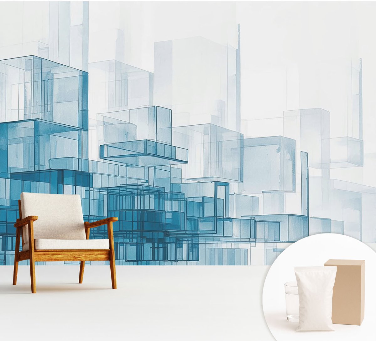 Wallfluent Fotobehang - Wit Vliesbehang - 312x219 cm - Transparante Kubussen Fotobehang Vlies - Woonkamer behang Architectuur - Muurschildering - Hal behang