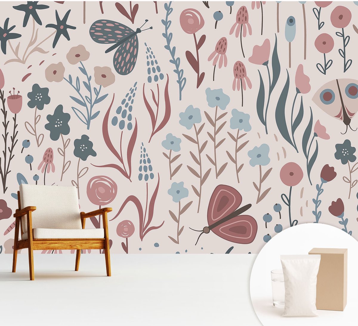 Wallfluent Fotobehang - Roze Vliesbehang - 312x219 cm - Bloemen En Insecten Fotobehang Vlies - Hal behang Bloemen En Planten - Muurschildering - Woonkamer behang