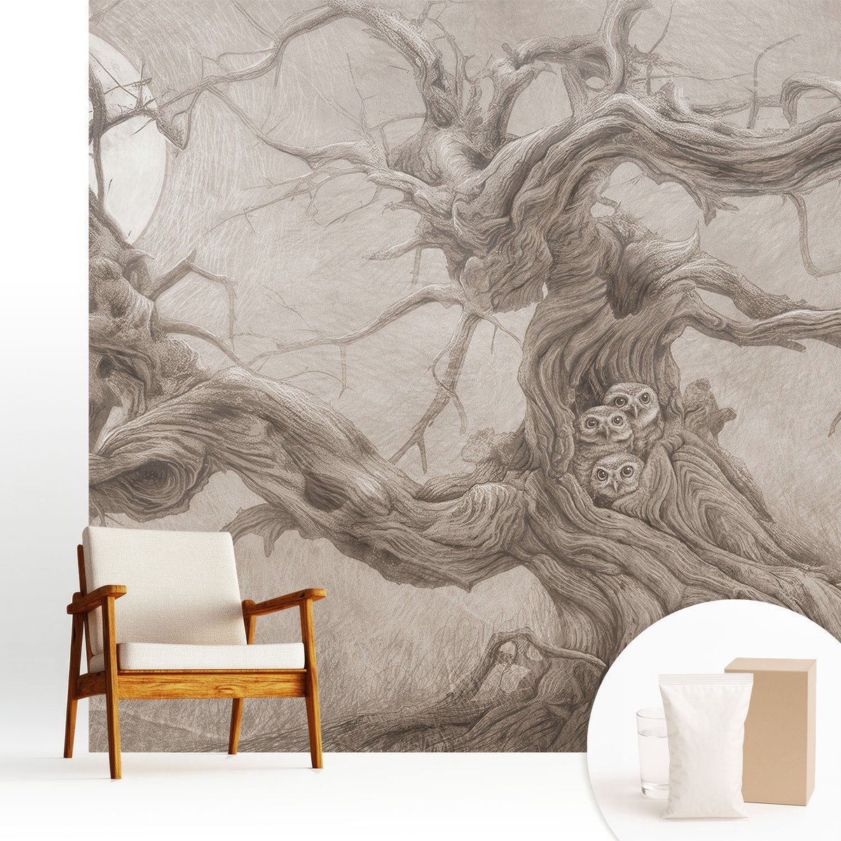 Wallfluent Fotobehang - Beige Vliesbehang - 250x250 cm - Nachtvogels Fotobehang Vlies - Woonkamer behang Deel - Muurschildering - Woonkamer behang