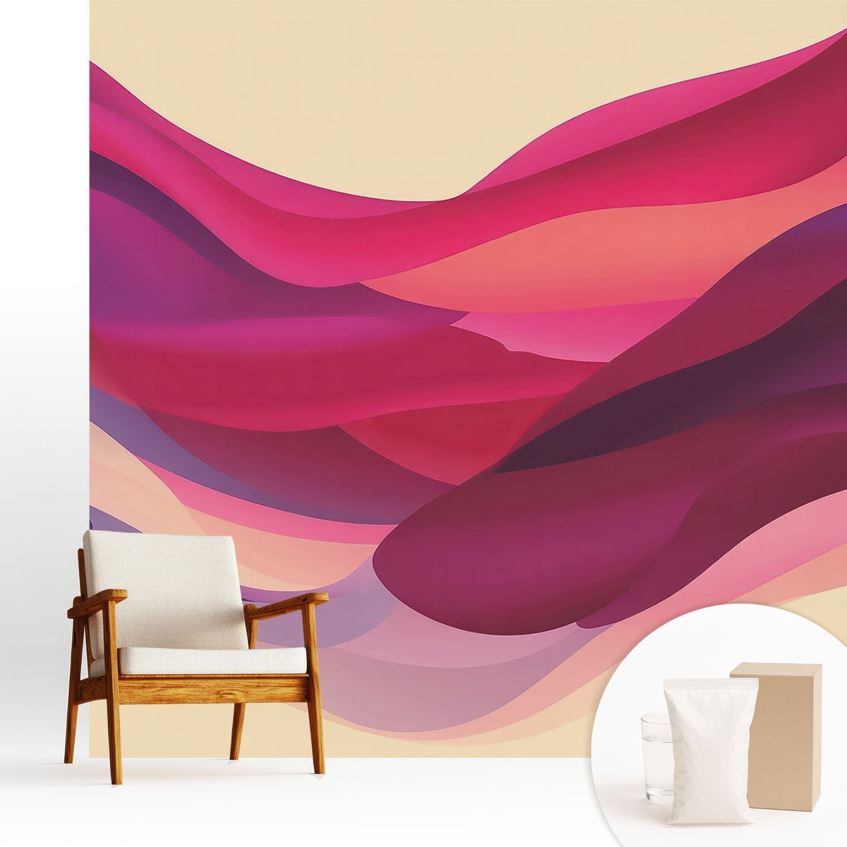 Wallfluent Fotobehang - Roze Vliesbehang - 250x250 cm - Vloeibare Golven Fotobehang Vlies - Hal behang Abstractie - Muurschildering - Woonkamer behang