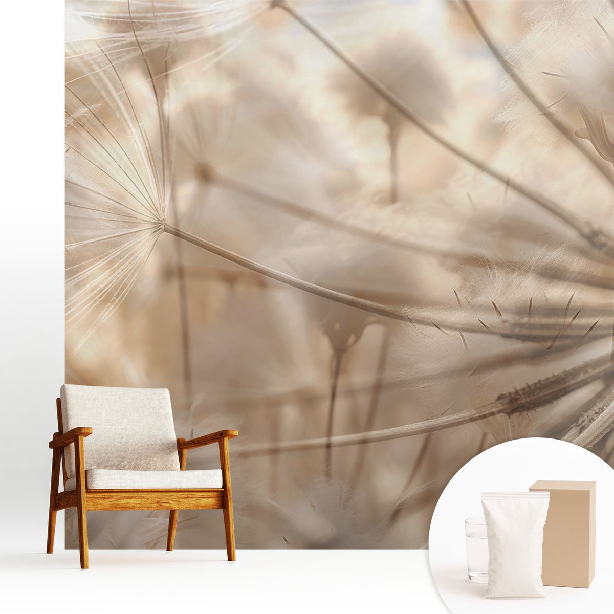 Wallfluent Fotobehang - Beige Vliesbehang - 250x250 cm - Subtiele Paardenbloemen Muurschildering - Slaapkamer behang Bloemen En Planten - Fotobehang Vlies - Gang behang
