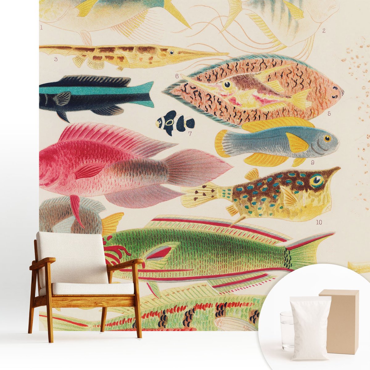 Wallfluent Fotobehang - Beige Vliesbehang - 250x250 cm - Kleurrijke Vissen Muurschildering - Slaapkamer behang Dieren - Fotobehang Vlies - Slaapkamer behang