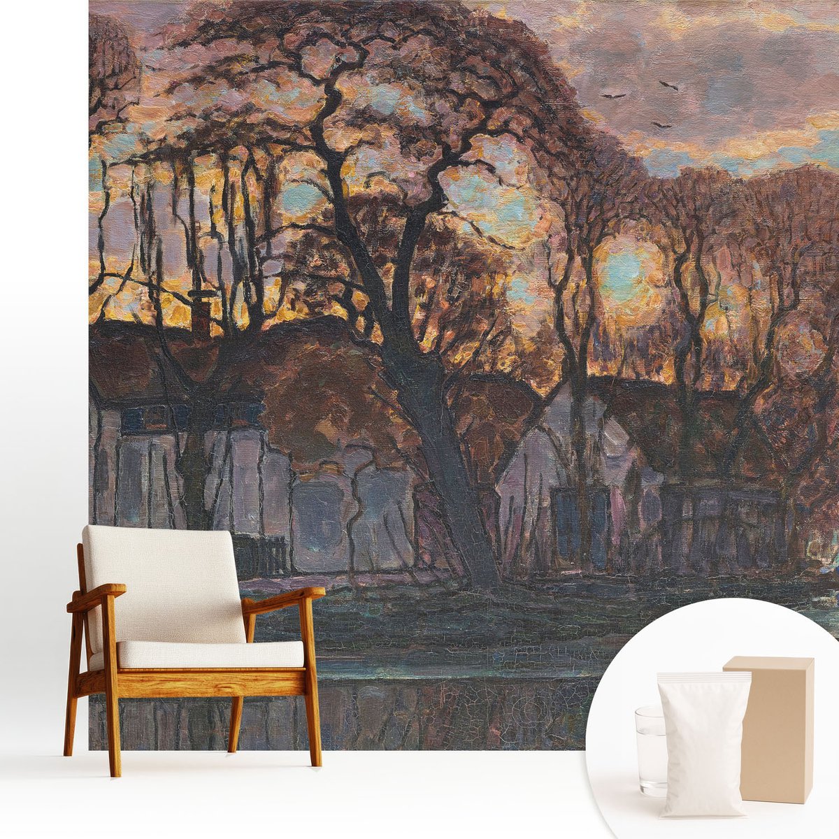 Wallfluent Fotobehang - Grijs Vliesbehang - 250x250 cm - Avondlandschap Fotobehang Vlies - Hal behang Landschappen - Muurschildering - Woonkamer behang