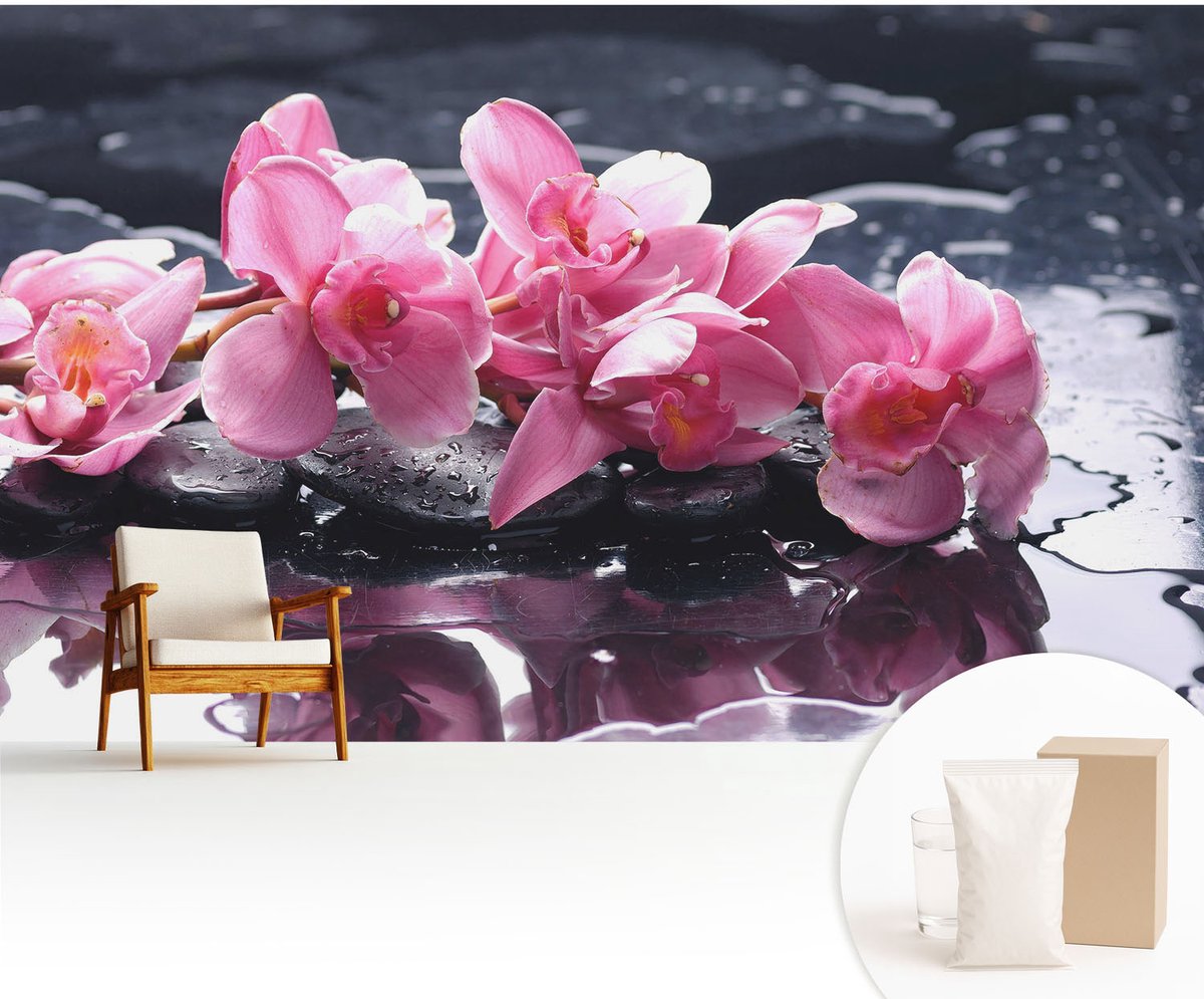 Wallfluent Fotobehang - Roze Vliesbehang - 416x254 cm - Bloemige Elegantie Fotobehang Vlies - Hal behang Bloemen En Planten - Muurschildering - Hal behang