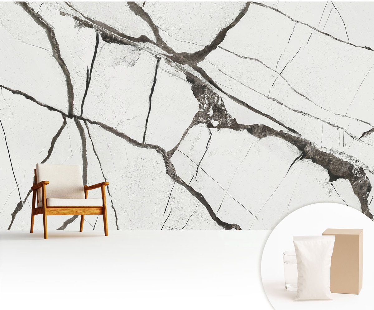 Wallfluent Fotobehang - Wit Vliesbehang - 416x254 cm - Marmer Barsten Muurschildering - Slaapkamer behang Texturen - Fotobehang Vlies - Gang behang