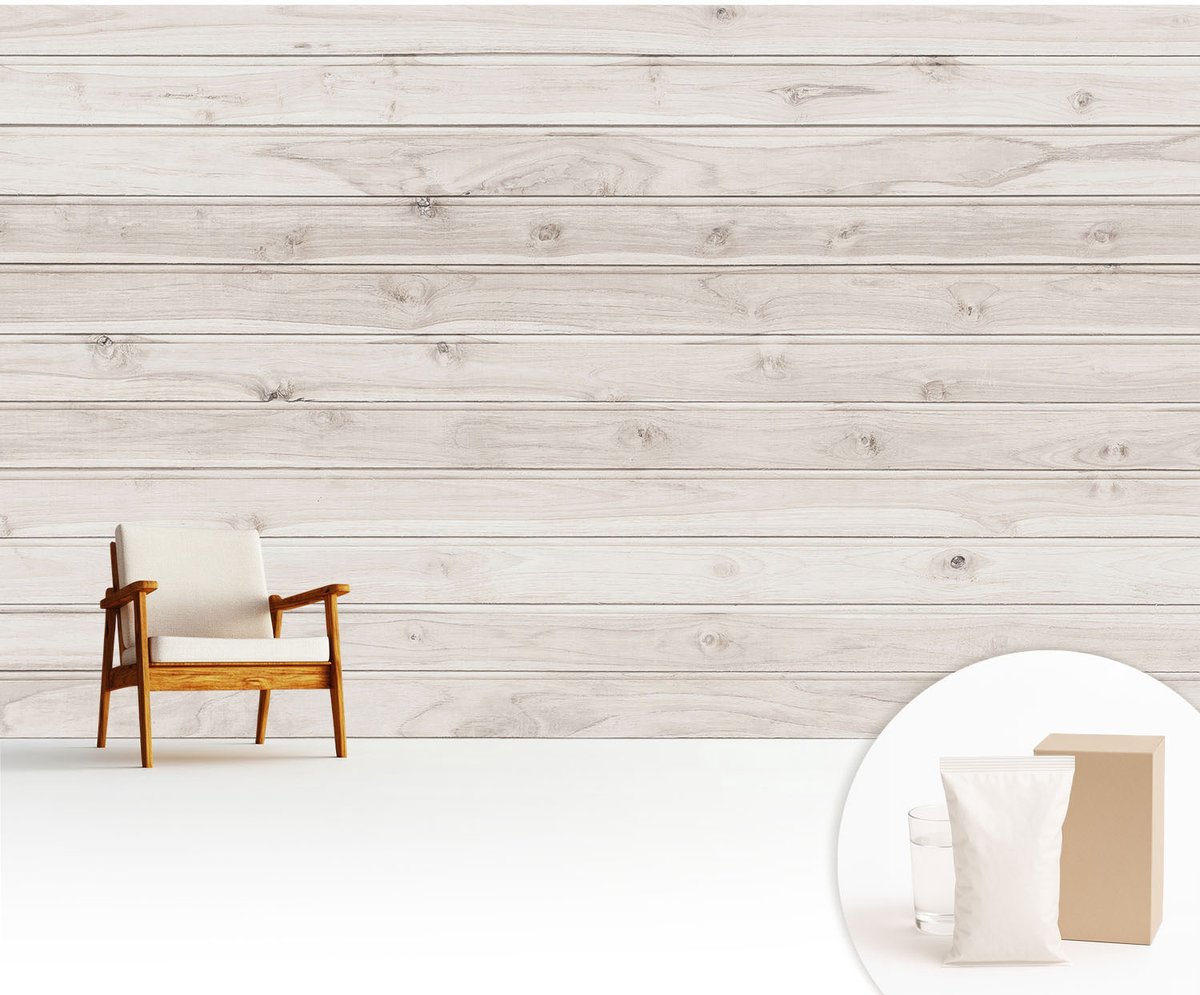 Wallfluent Fotobehang - Wit Vliesbehang - 416x254 cm - Natuurlijk Hout Fotobehang Vlies - Woonkamer behang Texturen - Muurschildering - Woonkamer behang