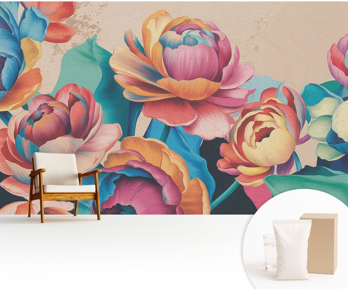 Wallfluent Fotobehang - Zwart Vliesbehang - 416x254 cm - Bloemenharmonie Fotobehang Vlies - Woonkamer behang Bloemen En Planten - Muurschildering - Woonkamer behang