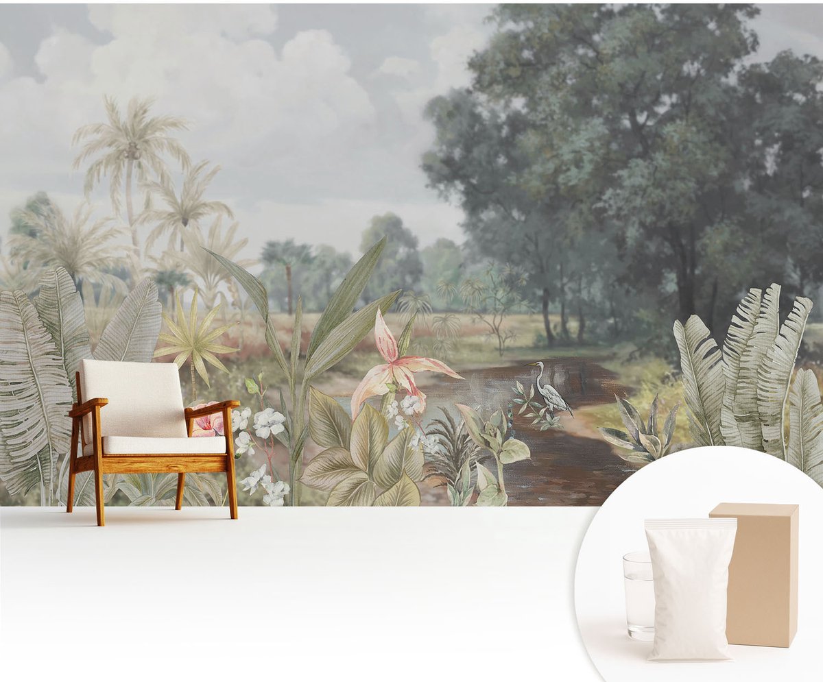 Wallfluent Fotobehang - Grijs Vliesbehang - 416x254 cm - Exotisch Landschap Muurschildering - Gang behang Bloemen En Planten - Fotobehang Vlies - Gang behang