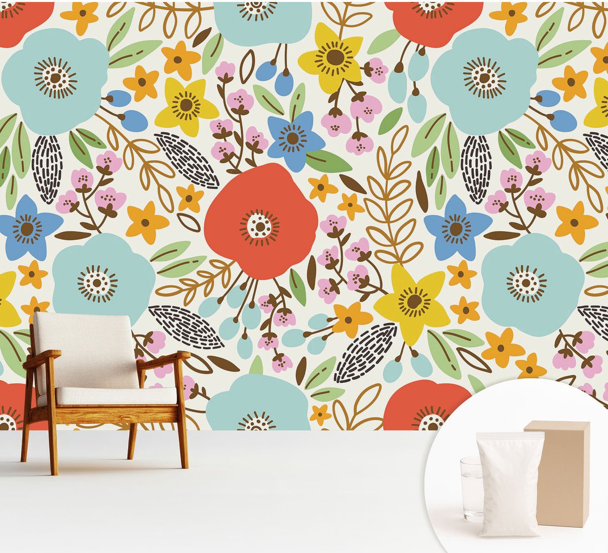 Wallfluent Fotobehang - Blauw Vliesbehang - 312x219 cm - Bloemenpatroon Muurschildering - Gang behang Bloemen En Planten - Fotobehang Vlies - Gang behang