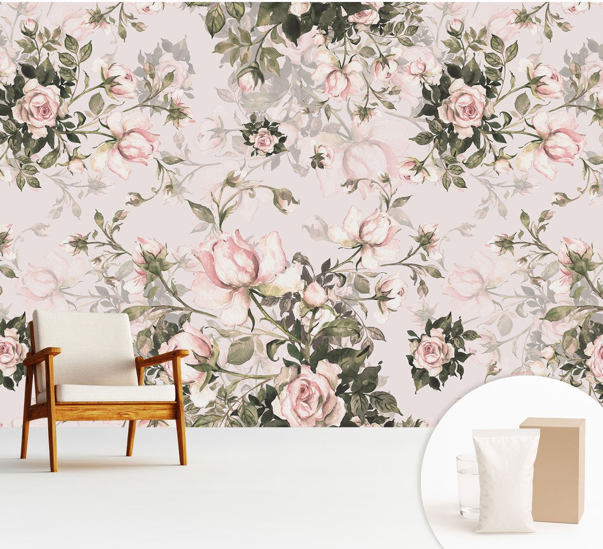 Wallfluent Fotobehang - Roze Vliesbehang - 312x219 cm - Bloemenpatroon Muurschildering - Slaapkamer behang Bloemen En Planten - Fotobehang Vlies - Slaapkamer behang
