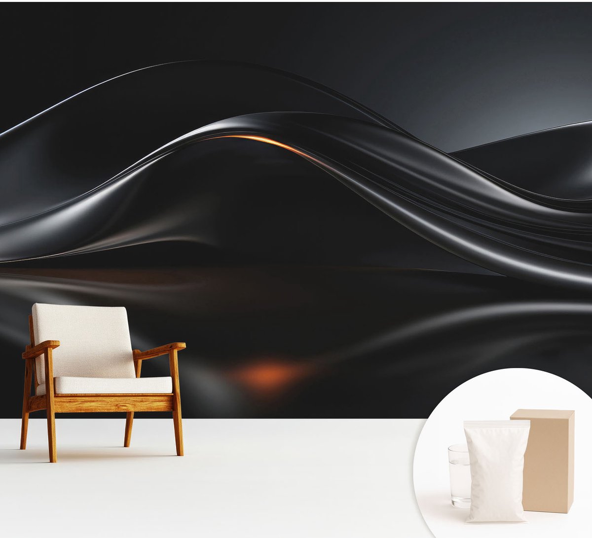 Wallfluent Fotobehang - Zwart Vliesbehang - 312x219 cm - Metaalachtige Golven Muurschildering - Gang behang Abstractie - Fotobehang Vlies - Slaapkamer behang